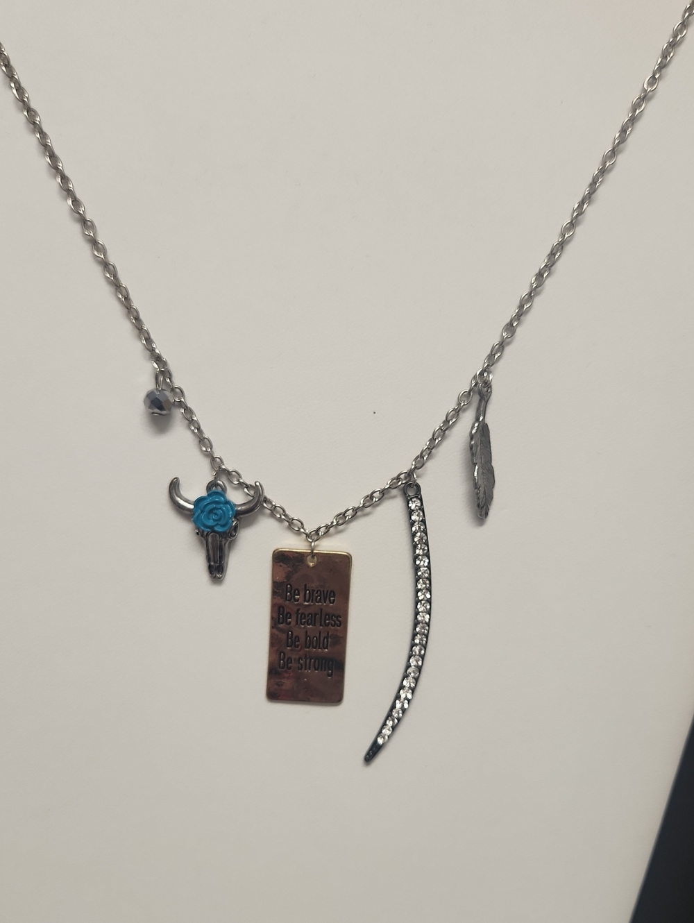Inspirational Silver Color Charm Necklace with Blue Accent